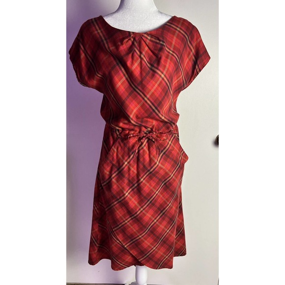 Patagonia Dresses & Skirts - Patagonia Plaid Red Brown High Low Hem Drawstring Waist Keyhole Neck Dress Sz 8